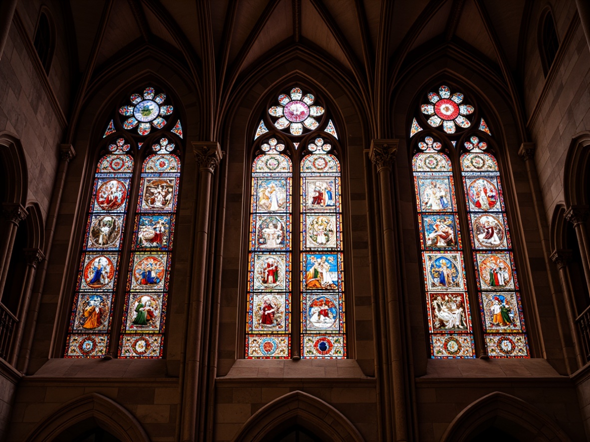 Prompt: Vibrant stained glass windows, kaleidoscope colors, intricate patterns, ornate designs, leadlights, gothic architecture, majestic cathedrals, sacred ambiance, warm soft lighting, diffused sunlight, 3/4 composition, symmetrical framing, rich textures, detailed rendering, ambient occlusion.