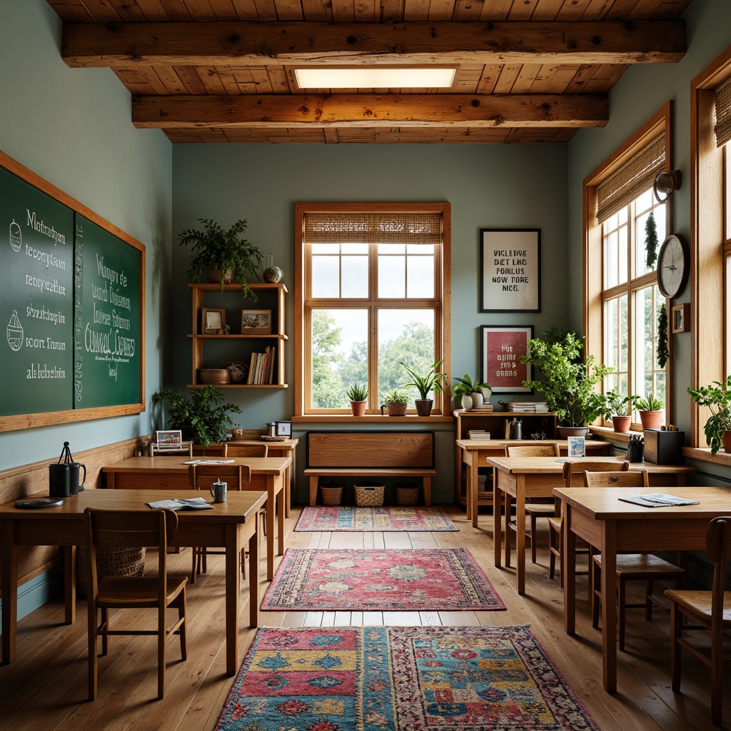 Prompt: Cozy classroom, wooden desks, vintage chairs, chalkboard walls, colorful rugs, playful patterns, educational posters, inspirational quotes, warm soft lighting, natural wood accents, woven baskets, potted green plants, cheerful curtains, rustic shelves, distressed finishes, earthy tones, whimsical decorations, soft pastel colors, textured fabrics, inviting atmosphere, 1/1 composition, shallow depth of field, warm gentle focus.