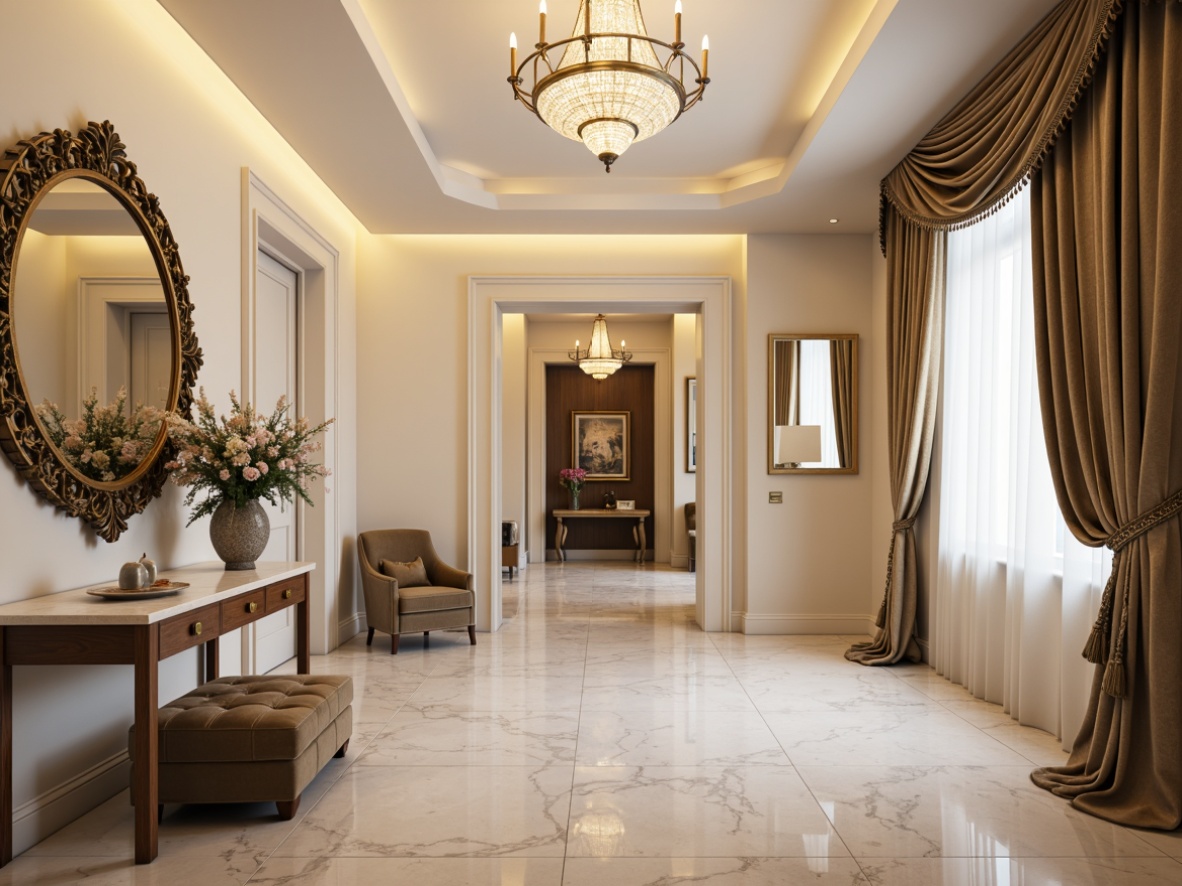 Prompt: Elegant hallway, luxurious chandelier, marble flooring, cream-colored walls, modern console table, ornate mirror frame, velvet armchair, tufted ottoman, gold accents, lavish drapery, soft warm lighting, shallow depth of field, 3/4 composition, realistic textures, ambient occlusion.