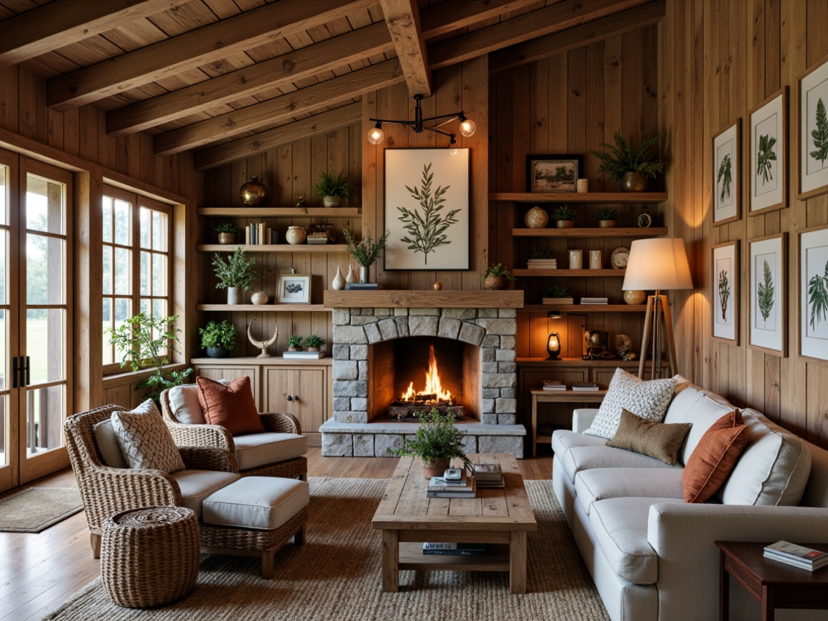 Prompt: Rustic farmhouse interior, natural wood accents, distressed wooden beams, earthy color palette, vintage metal decor, woven wicker furniture, plush throw blankets, natural fiber textiles, botanical prints, industrial lighting fixtures, reclaimed wood shelves, stone fireplaces, cozy reading nooks, warm candlelight, soft focus, shallow depth of field, 1/1 composition, intimate atmosphere, realistic textures, ambient occlusion.