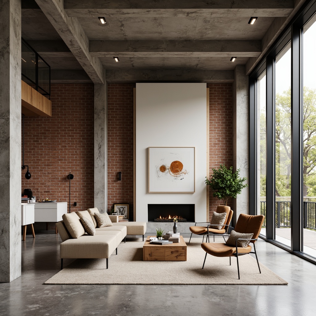 Prompt: Open-plan living space, minimalist decor, industrial materials, exposed brick walls, polished concrete floors, geometric-shaped furniture, tubular steel chairs, leather cushions, abstract artwork, natural textiles, earthy color palette, abundant natural light, floor-to-ceiling windows, simple ornamentation, functional simplicity, clean lines, rectangular shapes, 1/1 composition, softbox lighting, subtle shading, realistic materials.