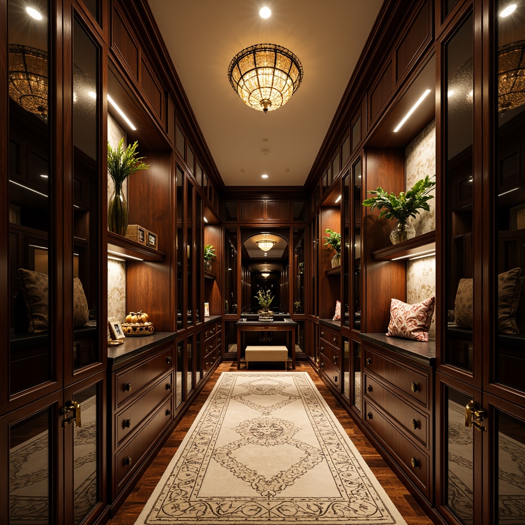 Prompt: Luxurious storage room, polished chrome hardware, ornate bronze fixtures, glossy ebony wood cabinets, geometric patterned rugs, velvety soft cushions, curved lines, metallic accents, glamorous chandeliers, beveled mirrors, lavish textiles, intricate inlays, opulent drapery, rich jewel tones, sophisticated ambiance, warm golden lighting, shallow depth of field, 1/1 composition, realistic reflections.