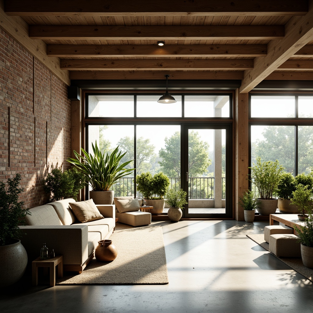 Prompt: Minimalist interior design, open floor plan, large windows, sliding glass doors, natural light pouring in, airy atmosphere, modern furniture, wooden accents, greenery walls, potted plants, industrial-style lighting, exposed brick walls, concrete floors, neutral color palette, soft warm ambiance, shallow depth of field, 3/4 composition, realistic textures, ambient occlusion.