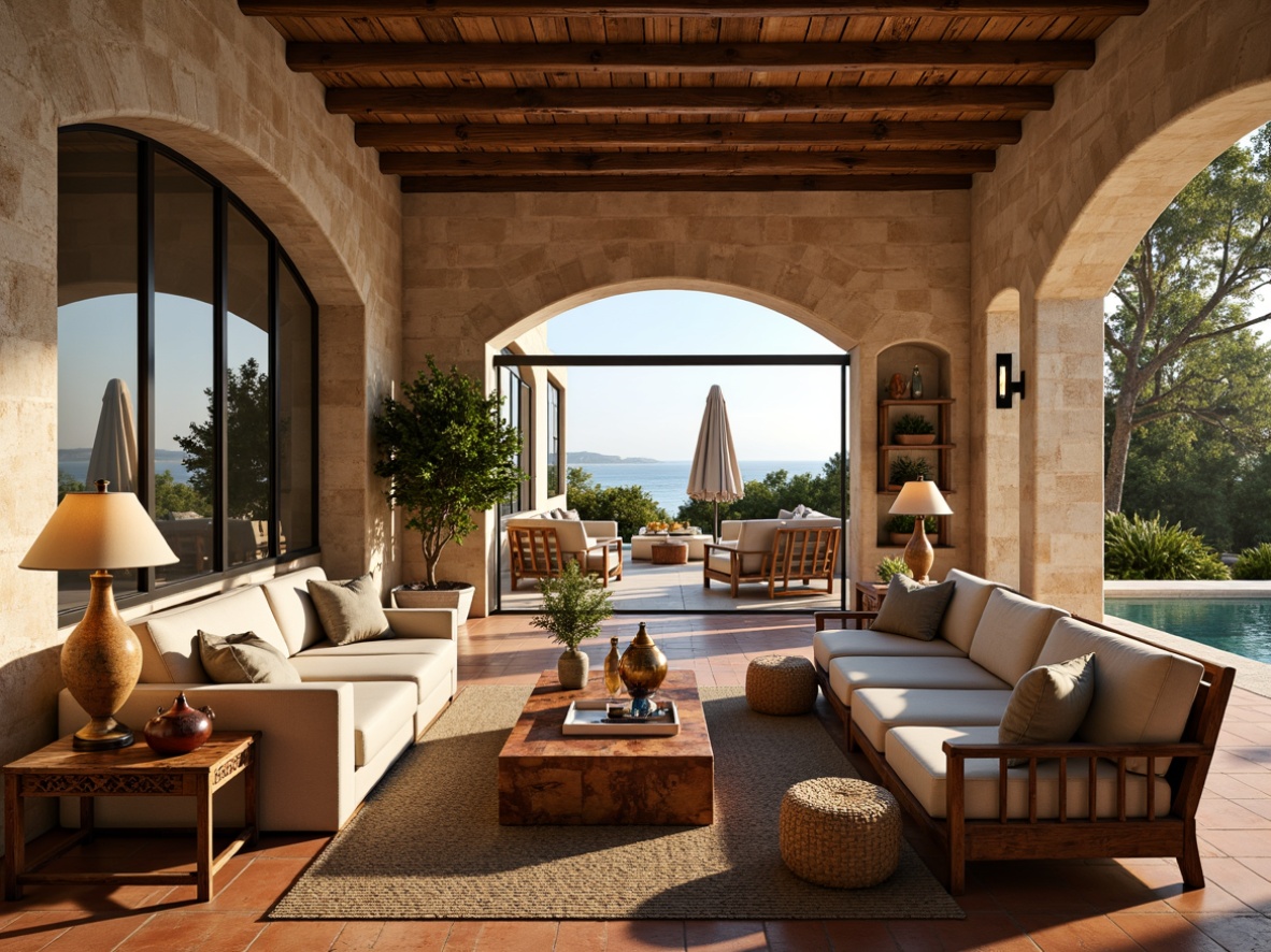 Prompt: Warm Mediterranean villa, rustic stone walls, curved archways, terracotta floors, plush sofas, ornate wooden coffee tables, vintage armchairs, distressed leather ottomans, woven rattan baskets, colorful ceramic vases, lush greenery, natural fiber rugs, soft warm lighting, large windows, sliding glass doors, sea view, outdoor seating areas, wrought iron furniture, rustic metal lanterns, earthy color palette, cozy reading nooks, intimate conversation areas, functional shelving units, decorative wall mirrors.