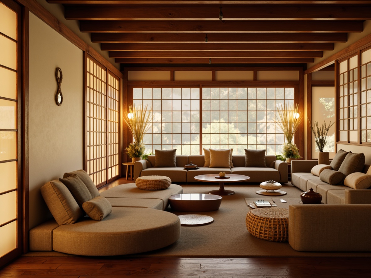 Prompt: Traditional Japanese tatami rooms, sliding shoji doors, natural wood accents, paper lanterns, minimal ornamentation, soft warm lighting, cozy intimate atmosphere, innovative seating arrangements, curved sofas, circular coffee tables, plush throw pillows, woven bamboo chairs, wooden floorboards, subtle textures, shallow depth of field, 1/1 composition, realistic rendering, ambient occlusion.