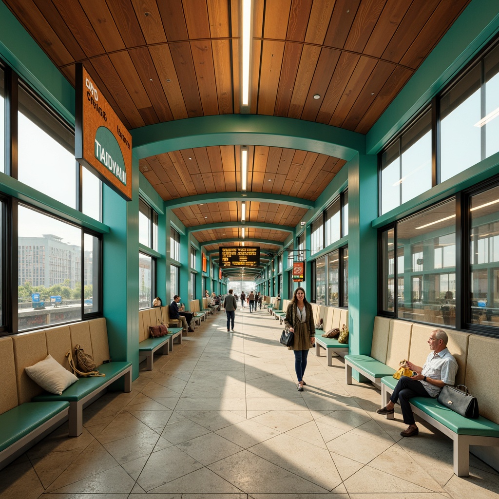 Prompt: Retro-futuristic train station, vibrant turquoise accents, warm beige tones, rich wood paneling, sleek chrome fixtures, geometric patterned tiles, minimalist signage, large glass windows, natural stone flooring, urban cityscape, busy commuter scene, morning rush hour atmosphere, soft diffused lighting, shallow depth of field, 1/1 composition, realistic textures, ambient occlusion.