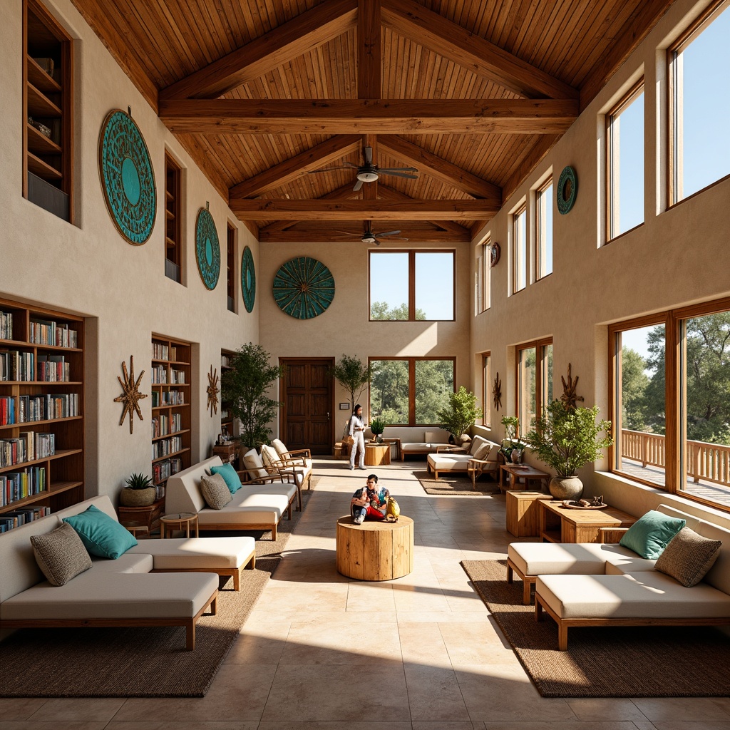 Prompt: Southwestern style library, earthy tone color scheme, rustic wooden accents, vibrant turquoise decorations, Navajo-inspired patterns, geometric shapes, natural stone flooring, spacious open shelves, cozy reading nooks, comfortable seating areas, abundant natural light, warm sunny day, soft warm lighting, shallow depth of field, 3/4 composition, panoramic view, realistic textures, ambient occlusion.