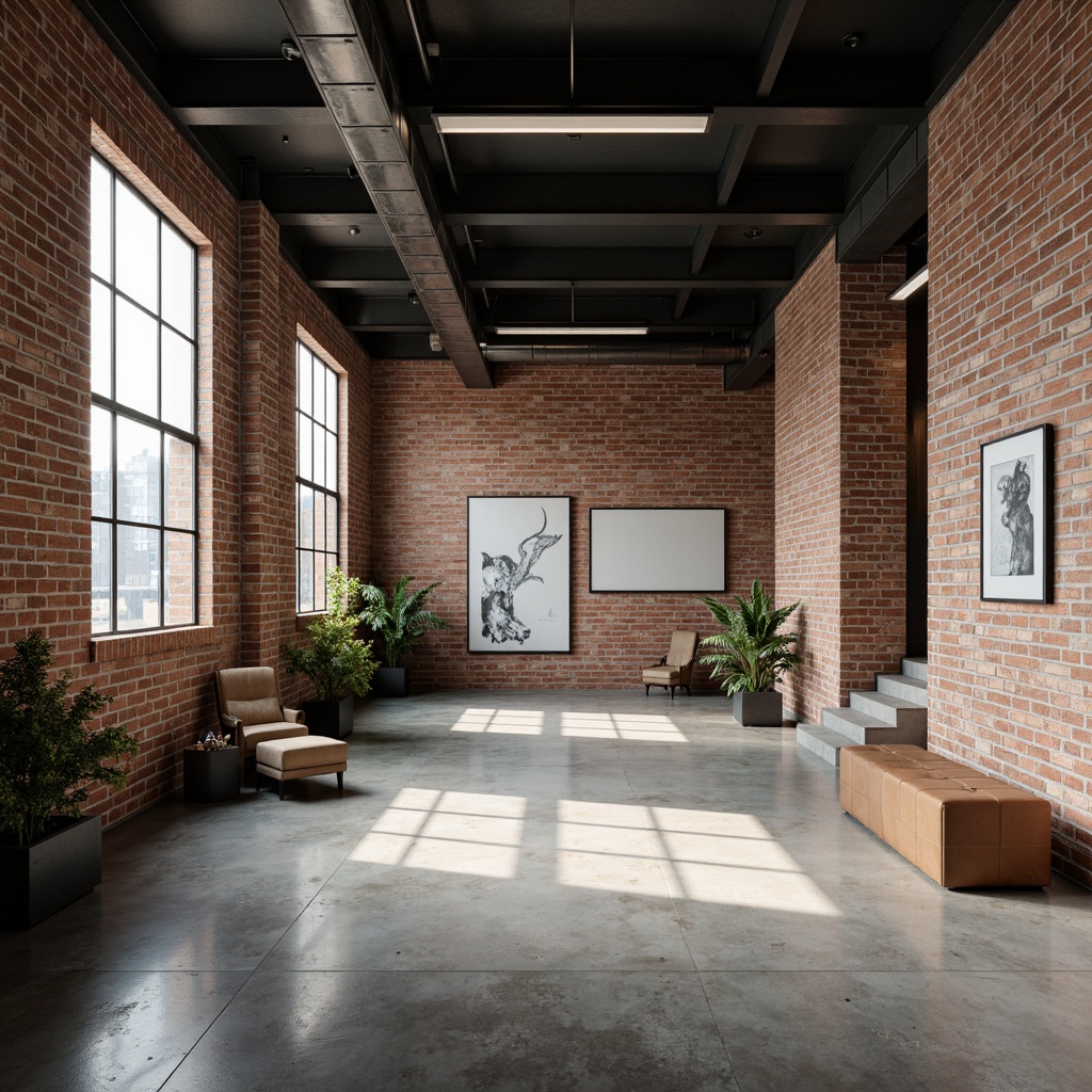 Prompt: Minimalist interior space, industrial aesthetic, exposed brick walls, polished concrete floors, steel beams, functional lighting fixtures, geometric shapes, primary color scheme, bold typography, abstract artwork, sparse furniture arrangement, natural light pouring in, soft diffused shadows, low-key ambient lighting, dramatic spotlighting, high-contrast ratios, cinematic atmosphere, avant-garde vibe, experimental spirit, modernist approach, 1-point perspective composition, shallow depth of field, realistic materials rendering.