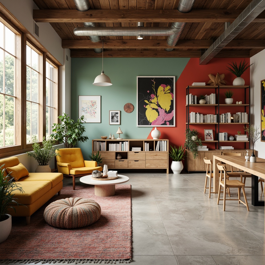 Prompt: Vibrant design studio, creative workspace, modern minimalist decor, bold accent walls, eclectic furniture, rich wood textures, sleek metal accents, pastel color scheme, soft warm lighting, 3/4 composition, shallow depth of field, realistic rendering, ambient occlusion.