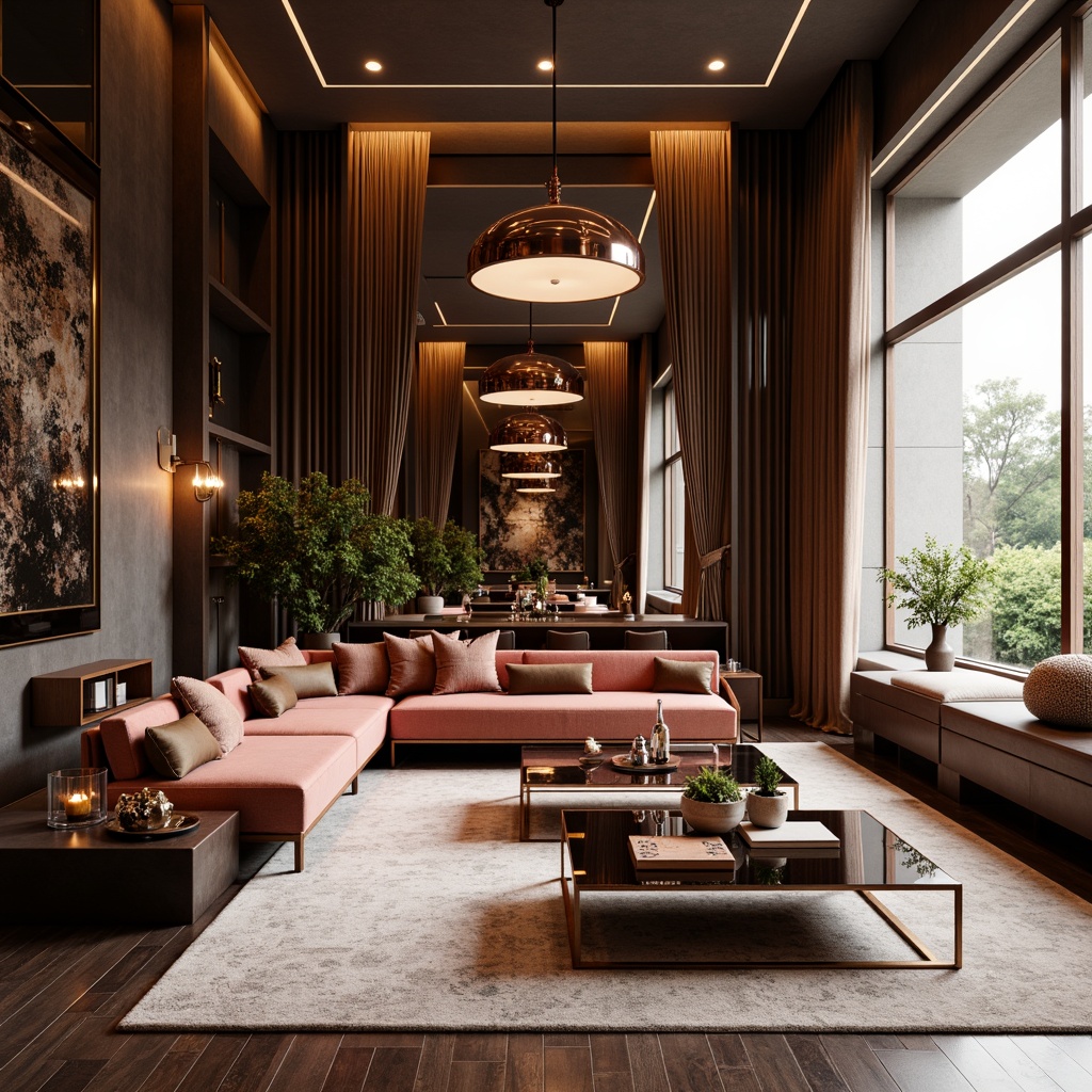 Prompt: Luxurious interior space, metallic accents, rose gold finishes, high-gloss chrome surfaces, industrial chic aesthetic, modern minimalist decor, sleek coffee tables, polished nickel legs, sophisticated pendant lights, reflective mirrored walls, opulent velvet fabrics, rich walnut wood tones, dramatic floor-to-ceiling drapes, abundant natural light, soft warm ambiance, 1/1 composition, shallow depth of field, realistic textures.