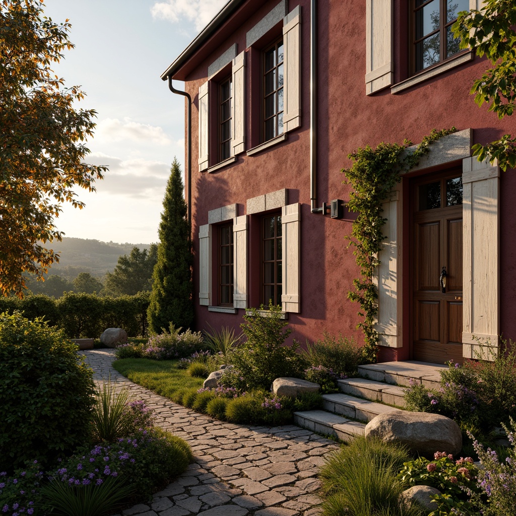 Prompt: Rustic French country mansion, warm maroon exterior walls, distressed wood accents, soft golden lighting, elegant cream-colored shutters, ornate metal door handles, lush greenery, vine-covered trellises, weathered stone pathways, aged brick archways, charming countryside views, rolling hills, serene atmosphere, 1/1 composition, warm color grading, cinematic depth of field.