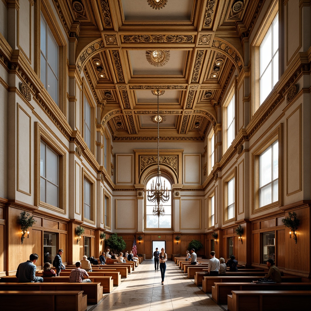 Prompt: Ornate courthouse ceiling, Renaissance-inspired details, grand chandeliers, intricate moldings, ornamental plasterwork, gold-leaf accents, rich wood paneling, coffered ceilings, symmetrical composition, natural light pouring in, warm beige tones, subtle texture variations, ambient occlusion, shallow depth of field, 1/2 composition, realistic architectural details, historic references.