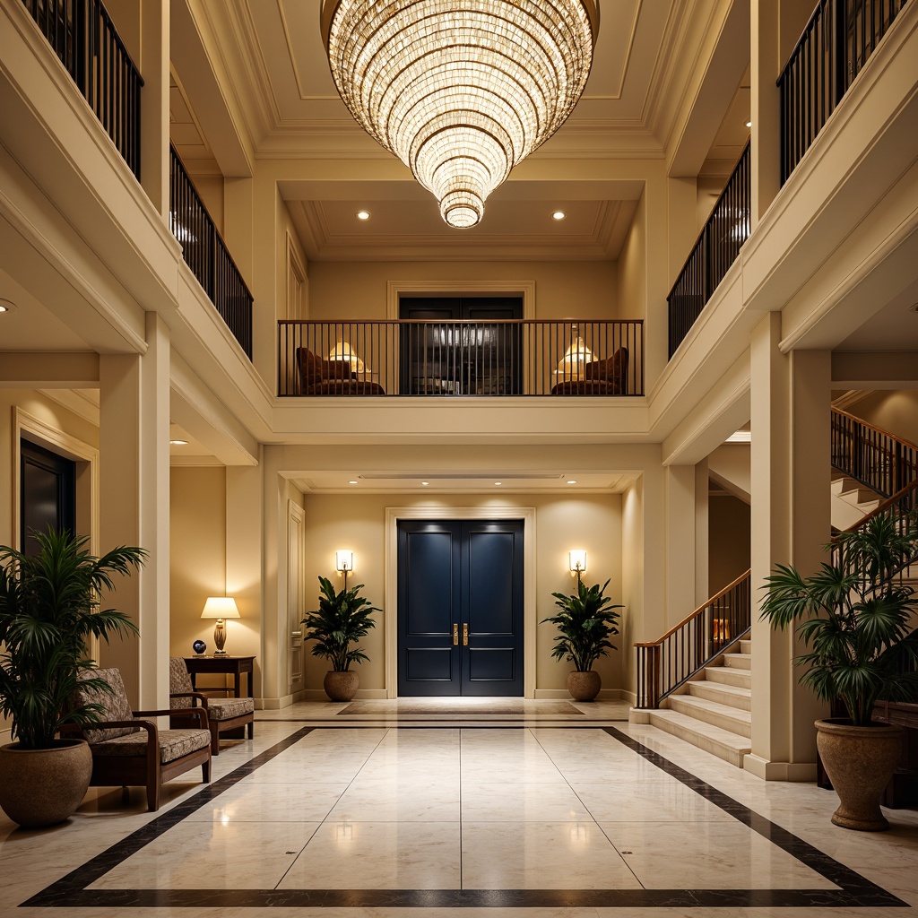 Prompt: Grand entrance, opulent chandelier, lavish furnishings, rich wood tones, marble flooring, elegant staircase, sophisticated color scheme, warm beige walls, soft gold accents, deep navy blue doors, creamy white columns, ornate metalwork, subtle texture variations, ambient lighting, shallow depth of field, 1/2 composition, realistic reflections.