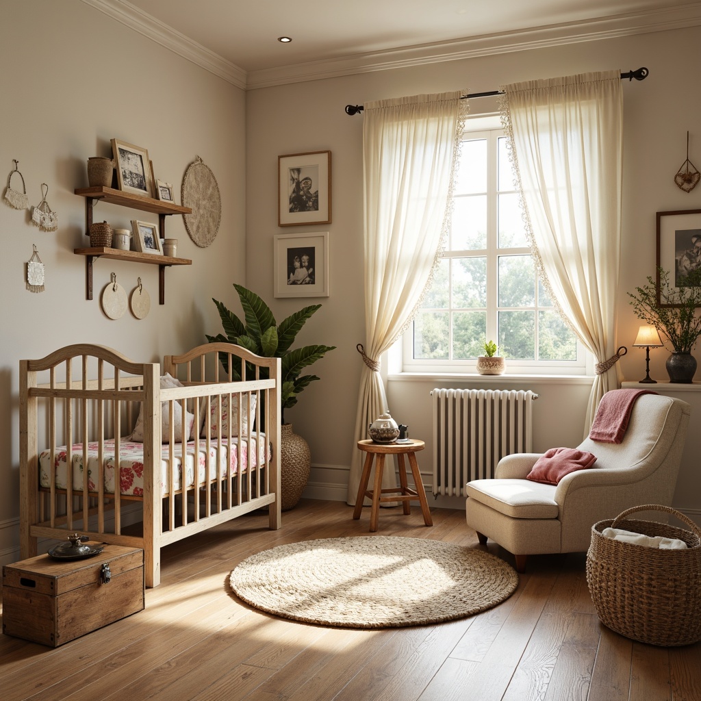 Prompt: Whimsical baby nursery, distressed wood furniture, vintage toy boxes, plush area rugs, soft pastel colors, floral patterns, lace curtains, antique metal cribs, woven baskets, natural fiber textiles, warm beige walls, creamy white trim, rustic wooden shelves, framed family photos, delicate mobiles, gentle candlelight, cozy reading nook, 1/1 composition, soft focus, warm color grading.