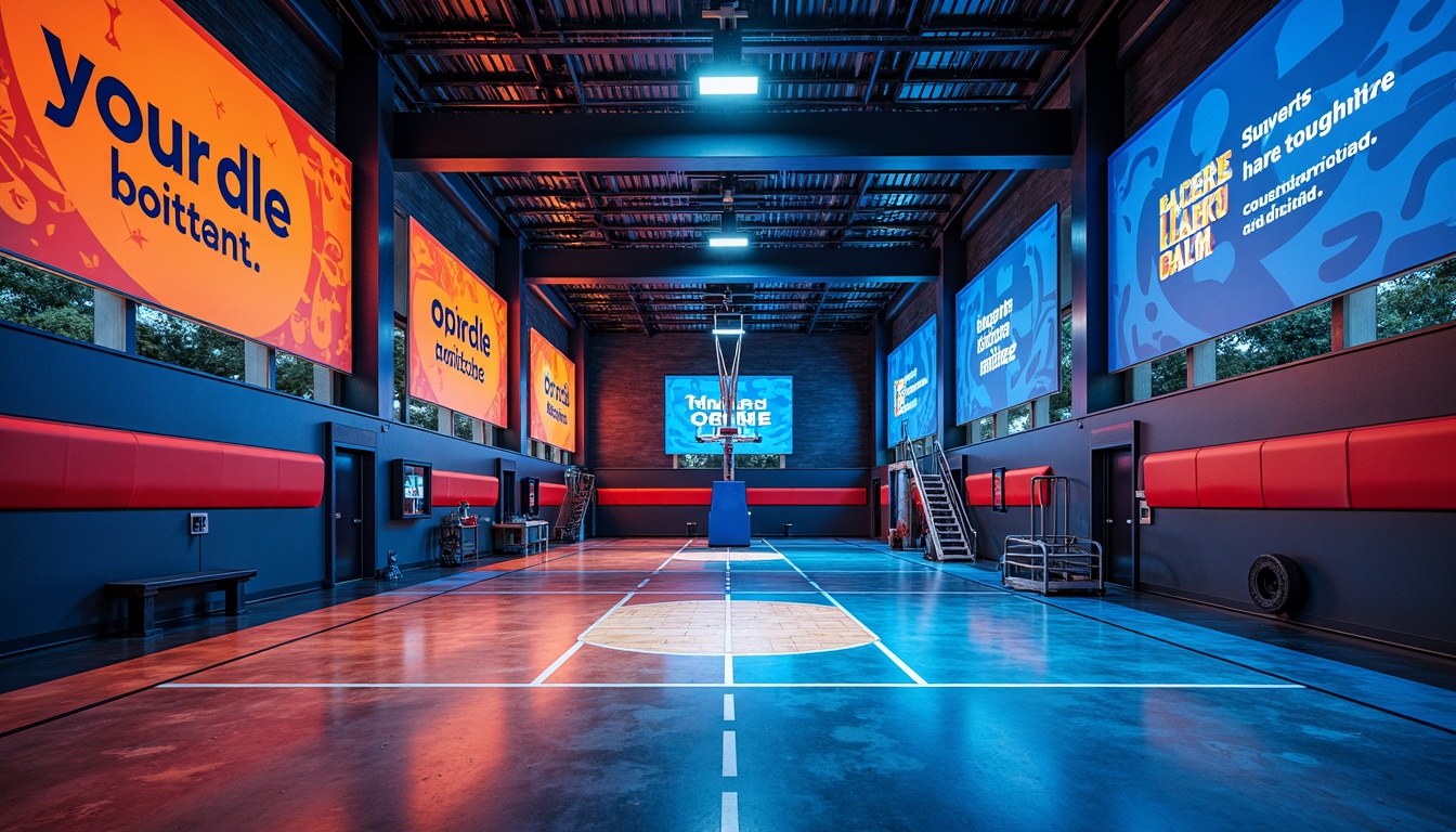 Prompt: Vibrant gymnasium interior, bold color scheme, dynamic sports equipment, modern flooring materials, neon-lit scoreboards, motivational quotes, athletic-inspired typography, energetic color blocking, deep blues, bright whites, warm woods, industrial metals, high-contrast accents, dramatic lighting effects, 1/2 composition, low-angle shot, realistic textures, ambient occlusion.