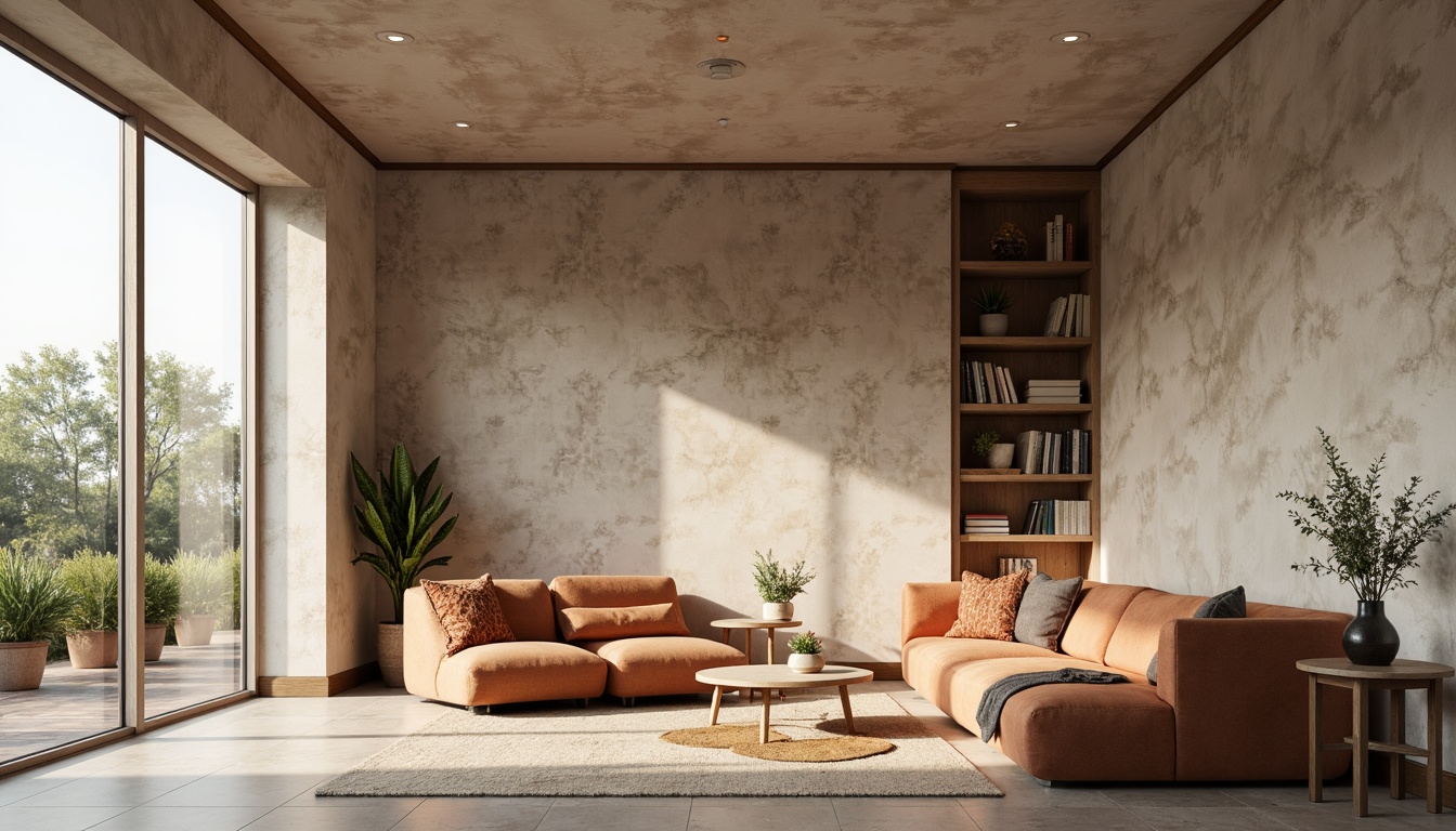 Prompt: Richly textured walls, soft warm beige, calming creamy whites, deep charcoal grays, earthy terracotta tones, luxurious velvet fabrics, metallic gold accents, natural stone flooring, minimalist decor, Scandinavian-inspired design, cozy reading nooks, floor-to-ceiling windows, abundant natural light, softbox lighting, 1/2 composition, shallow depth of field.