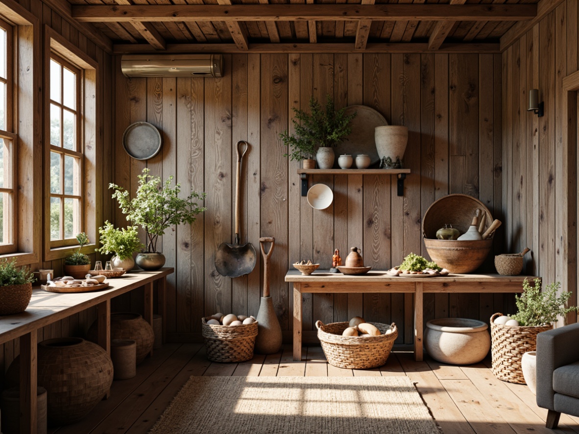 Prompt: Rustic wooden planks, distressed finishes, vintage farm tools, natural stone accents, earthy color palette, woven textiles, floral patterns, soft warm lighting, shallow depth of field, 3/4 composition, panoramic view, realistic textures, ambient occlusion.