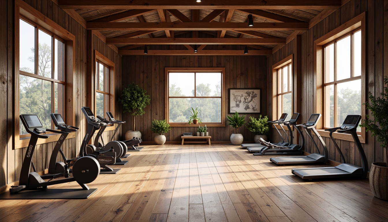 Prompt: Rustic wood accents, reclaimed hardwood floors, warm earthy tones, natural textures, athletic equipment, free weights, treadmills, exercise mats, wooden beams, vaulted ceilings, large windows, soft diffused lighting, 3/4 composition, shallow depth of field, realistic wood grain, ambient occlusion.