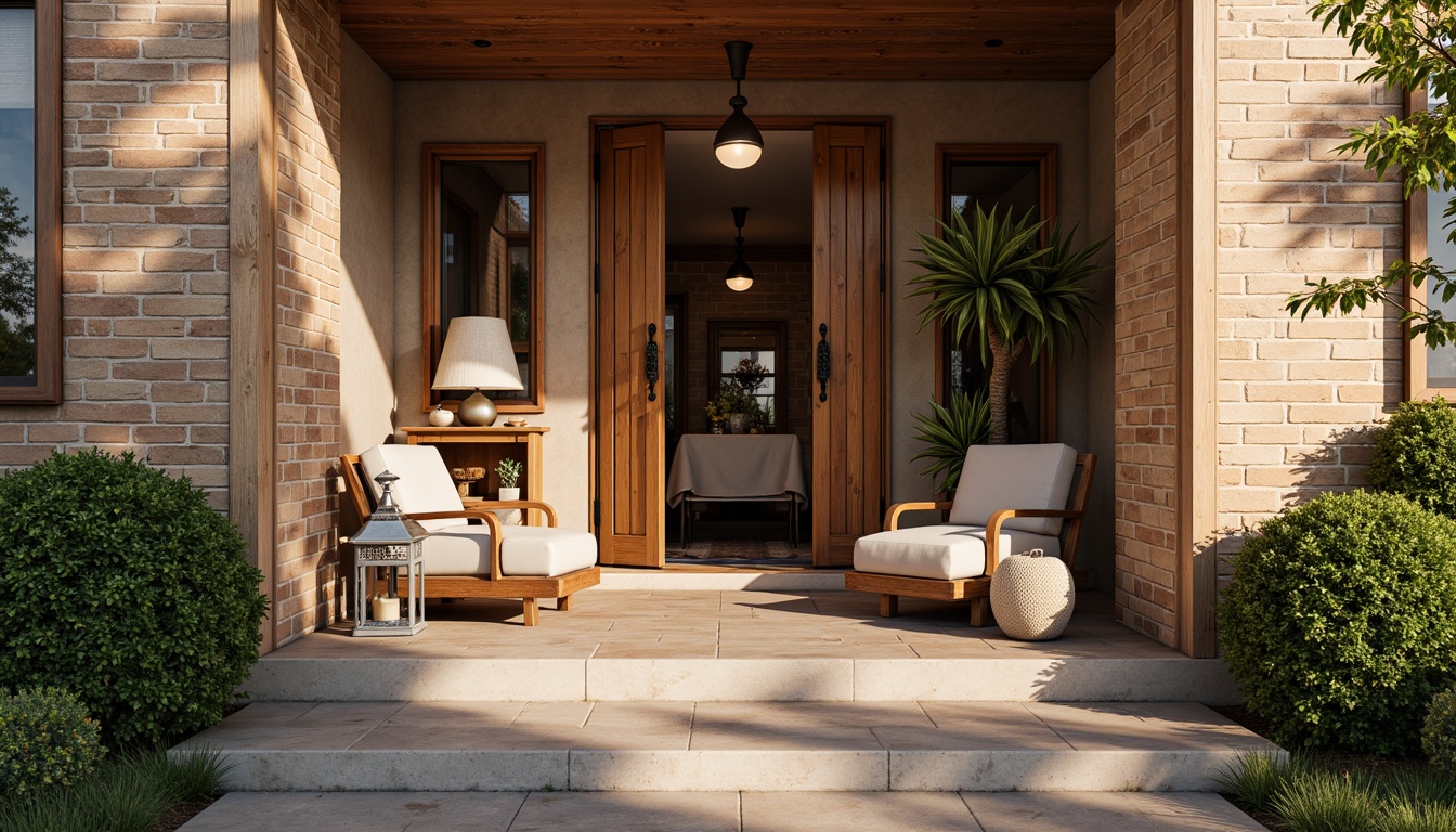 Prompt: Welcoming entrance porch, rustic wooden doors, ornate metal door handles, warm lantern lighting, natural stone flooring, traditional brick exterior, cozy foyer, comfortable seating area, vintage decorative accents, soft warm color palette, classic architectural details, symmetrical composition, inviting atmosphere, warm sunny day, shallow depth of field.