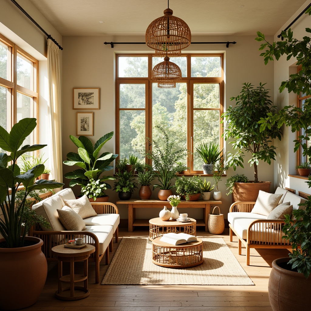 Prompt: Vibrant sunroom, warm natural light, lush greenery, blooming flowers, rattan furniture, wicker accents, earthy terracotta pots, soft beige walls, calming creamy whites, rich wood tones, natural textiles, jute rugs, linen drapes, airy atmosphere, subtle shadows, gentle warmth, cozy reading nooks, comfortable seating areas, warm golden lighting, soft focus, shallow depth of field, 1/2 composition, harmonious color harmony.