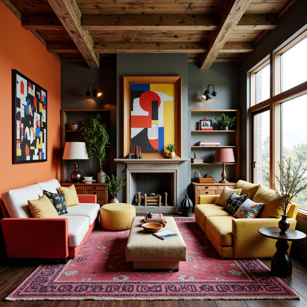 Prompt: Vibrant living room, bold color blocking, eclectic furniture pieces, curved lines, irregular shapes, playful textures, mixed metallic accents, retro-inspired lighting fixtures, plush area rugs, abstract artwork, ornate decorative frames, avant-garde sculptures, whimsical accessories, postmodern architecture, fragmented forms, juxtaposed materials, distressed wood finishes, industrial-chic decor, cozy reading nooks, warm ambient lighting, shallow depth of field, 1/1 composition, realistic reflections, subtle ambient occlusion.