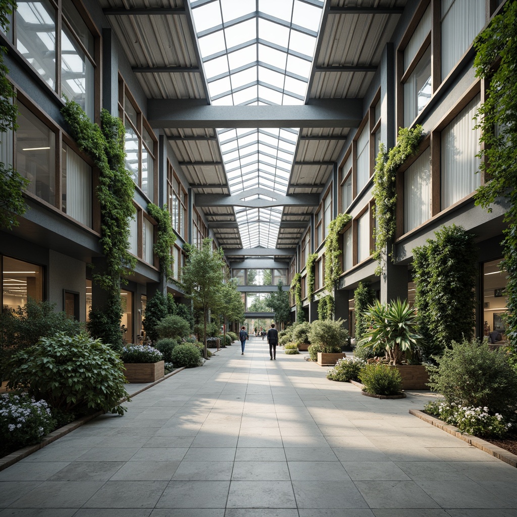 Prompt: Spacious distribution center, high ceilings, clerestory windows, skylights, transparent roof panels, natural stone flooring, industrial-chic decor, exposed ductwork, metal beams, minimalist color palette, abundant greenery, living walls, vertical gardens, maximized window-to-wall ratio, north-facing orientation, soft diffused lighting, subtle shadows, 1/1 composition, realistic textures, ambient occlusion.