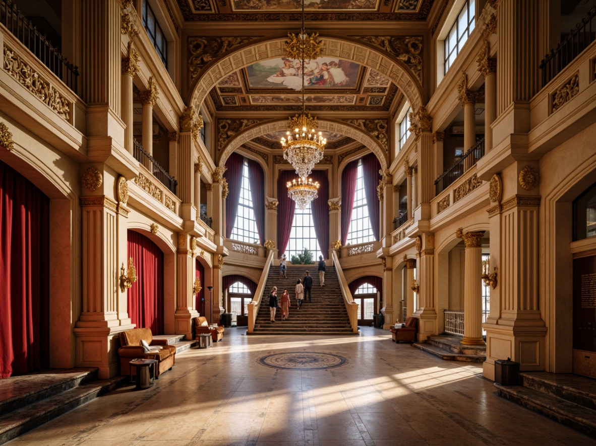 Prompt: Grand opera house, neoclassical facade, ornate columns, Corinthian capitals, intricate carvings, marble flooring, crystal chandeliers, red velvet curtains, gilded details, majestic staircase, sweeping arches, vaulted ceilings, fresco paintings, soft warm lighting, shallow depth of field, 1/1 composition, symmetrical view, realistic textures, ambient occlusion.