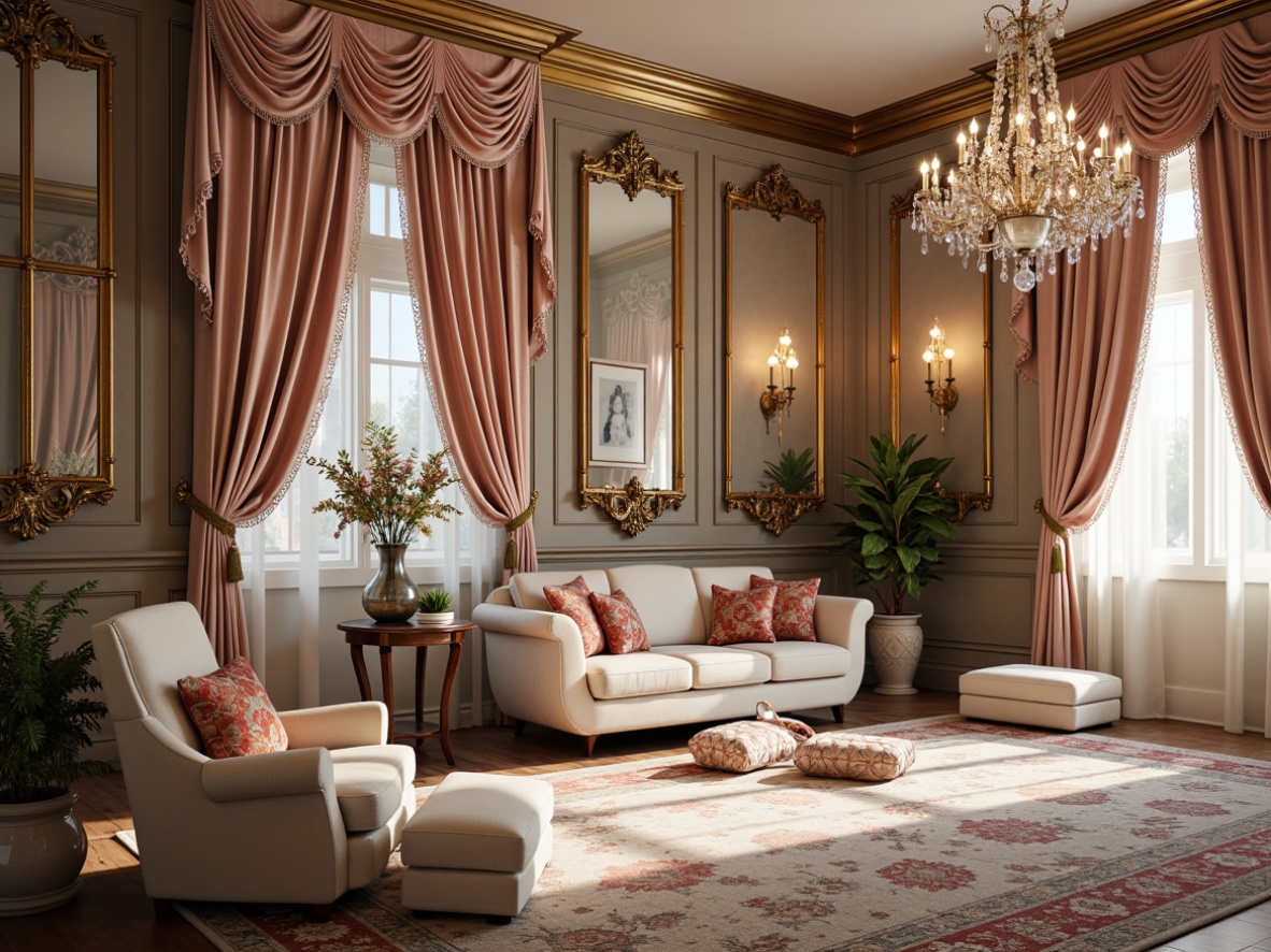 Prompt: Luxurious velvet fabrics, soft pastel hues, intricately embroidered patterns, delicate lace trimmings, ornate golden frames, lavish crystal chandeliers, richly carved wooden panels, ornamental mirrors, elegant curved lines, French Renaissance-inspired furniture, plush area rugs, subtle sheen finishes, warm ambient lighting, 1/1 composition, shallow depth of field, realistic textures, soft focus effect.