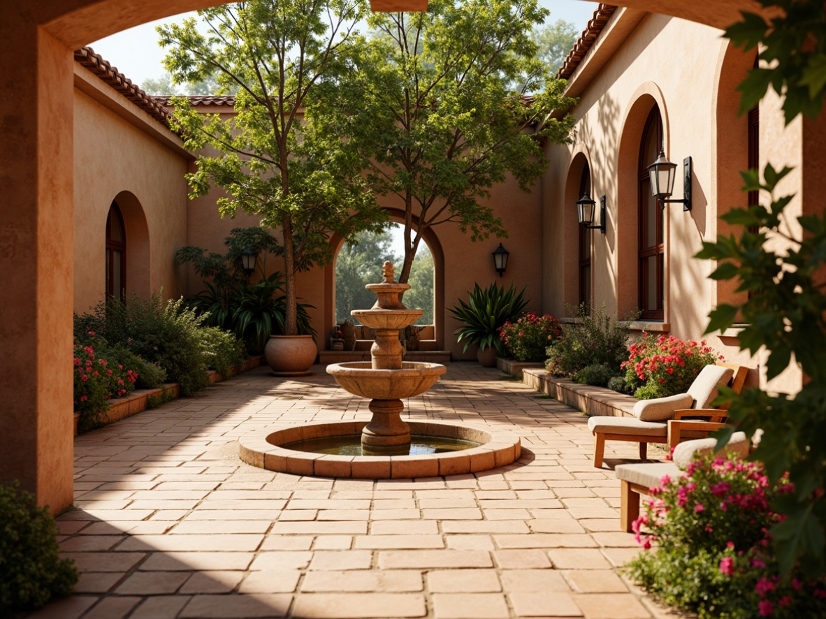 Prompt: Earthy terracotta tiles, warm beige tones, rustic texture, natural clay material, handcrafted imperfections, classic Mediterranean style, sun-kissed villas, cozy interior courtyards, ornate fountains, lush greenery, vibrant bougainvillea flowers, warm golden lighting, shallow depth of field, 1/2 composition, realistic textures, ambient occlusion.