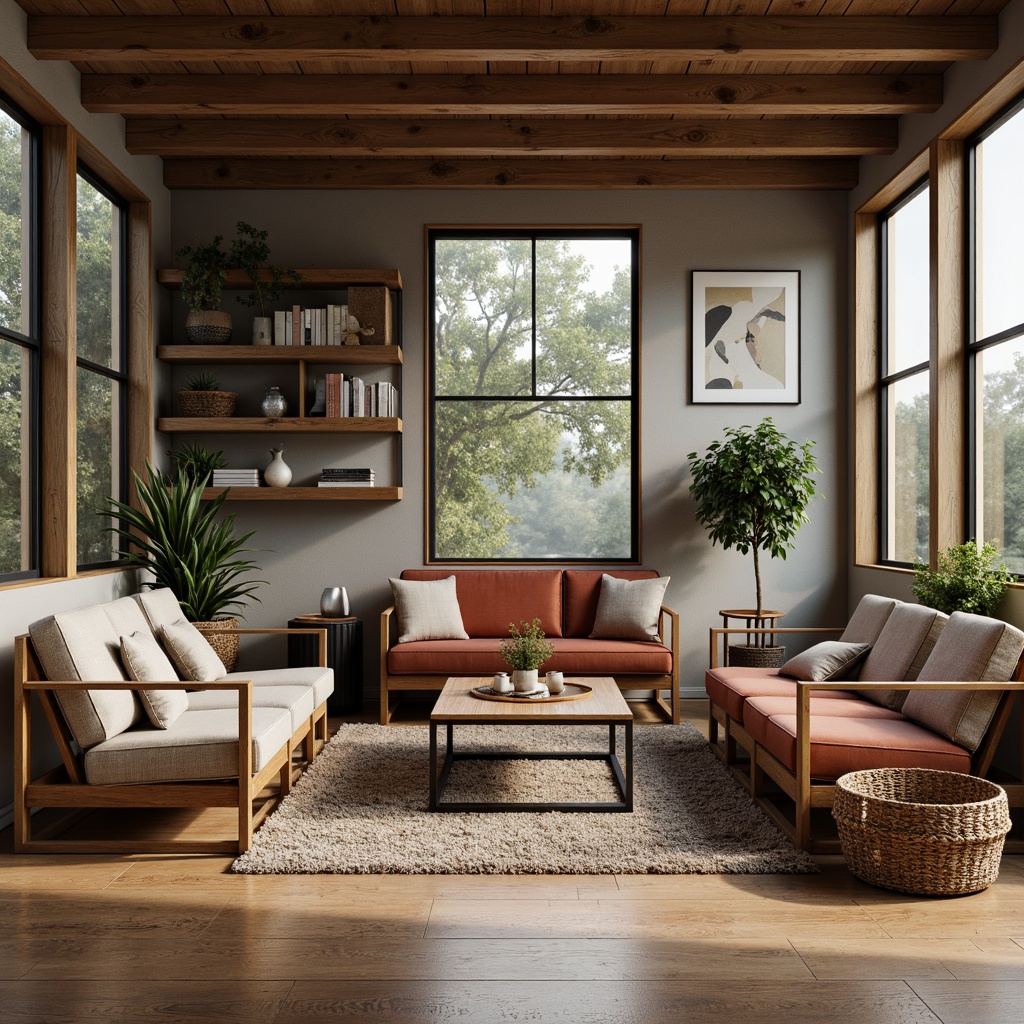 Prompt: Mid-century modern furniture, wooden legs, upholstered sofas, velvet cushions, minimalist coffee tables, metal frames, industrial chic decor, reclaimed wood accents, earthy tone color palette, natural textiles, woven baskets, potted plants, cozy reading nooks, soft warm lighting, 1/1 composition, realistic renderings, ambient occlusion.