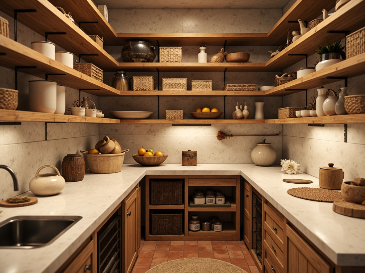 Prompt: Cozy pantry, warm wooden shelves, rustic metal racks, woven wicker baskets, soft beige walls, creamy white countertops, earthy terracotta flooring, natural linen fabrics, subtle grid patterns, warm golden lighting, shallow depth of field, 1/2 composition, realistic textures, ambient occlusion.