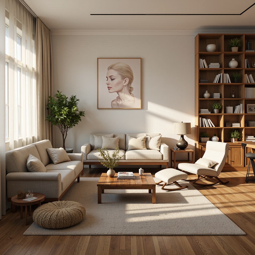 Prompt: Cozy living room, plush velvet sofas, reclaimed wood coffee tables, soft warm lighting, natural fiber rugs, comfortable ottomans, vintage armchairs, pastel color schemes, minimalist decor, functional shelving units, ergonomic chairs, adjustable desks, sound-absorbing materials, calm atmosphere, shallow depth of field, 1/1 composition, realistic textures, ambient occlusion.