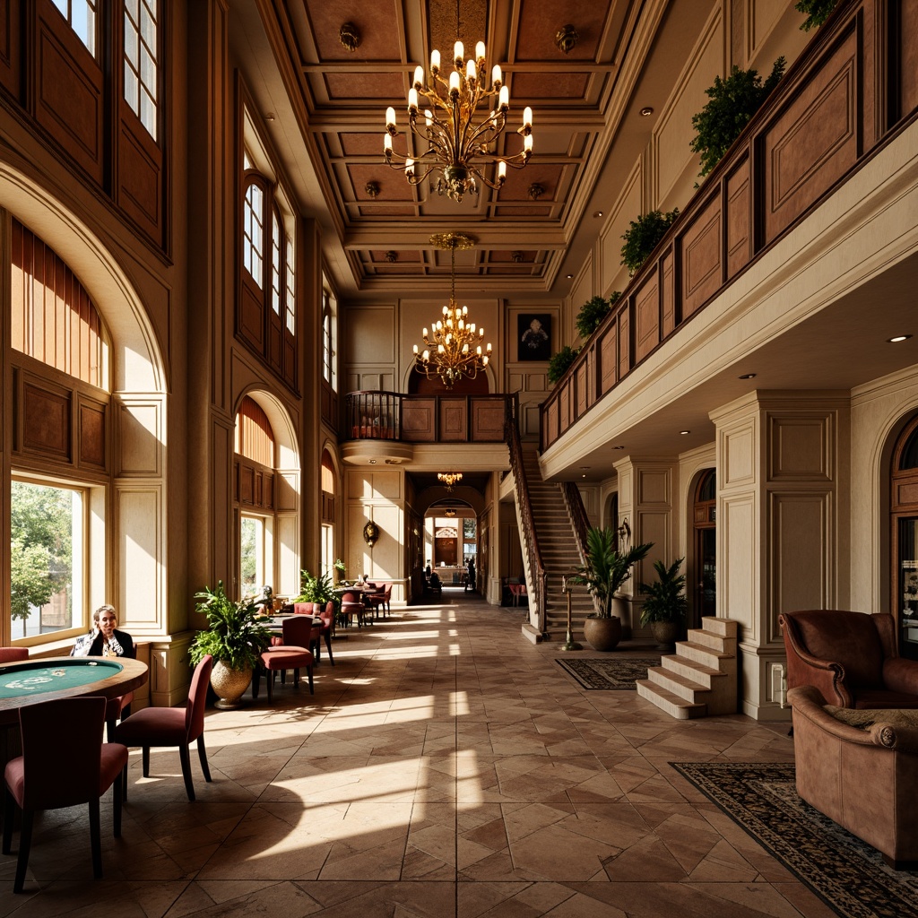 Prompt: Rustic casino, French country-inspired interior, distressed wood flooring, warm beige tones, ornate wooden paneling, rich velvet fabrics, lavish chandeliers, grand staircases, opulent furnishings, classic European architectural details, soft golden lighting, shallow depth of field, 1/1 composition, intimate atmosphere, realistic textures, ambient occlusion.