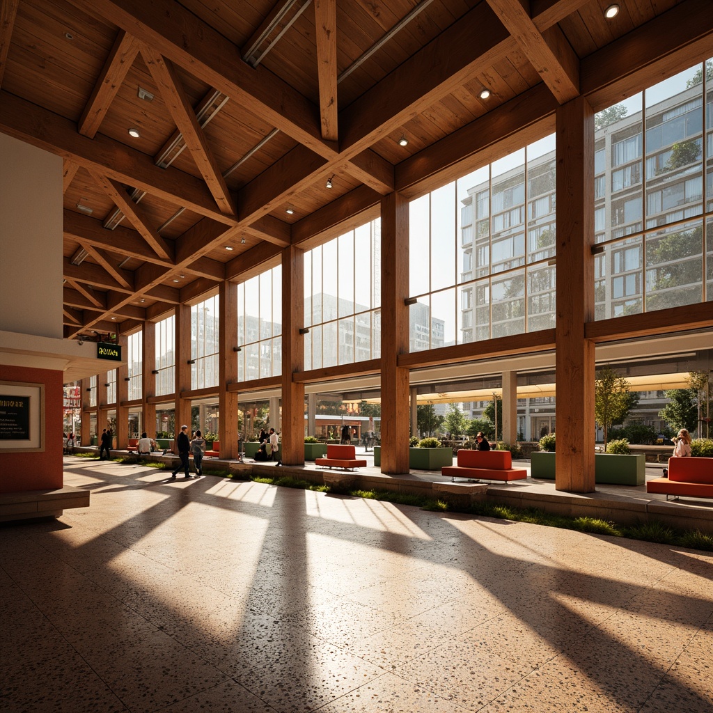 Prompt: Retro-style train station, warm earthy tones, bold color accents, geometric patterns, terrazzo flooring, wooden beams, large windows, natural light, sleek metal fixtures, minimalist decor, vintage signage, mid-century modern architecture, functional design, industrial heritage, urban landscape, bustling atmosphere, shallow depth of field, 1/2 composition, soft focus, warm lighting.