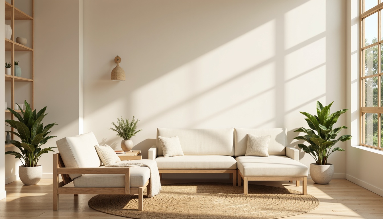 Prompt: Calming atmosphere, soft beige walls, creamy white furniture, natural wood accents, woven jute rugs, potted greenery, gentle curves, minimalist decor, warm neutral tones, earthy textures, organic shapes, subtle patterns, ambient lighting, softbox illumination, shallow depth of field, 2/3 composition, harmonious balance, serene ambiance.