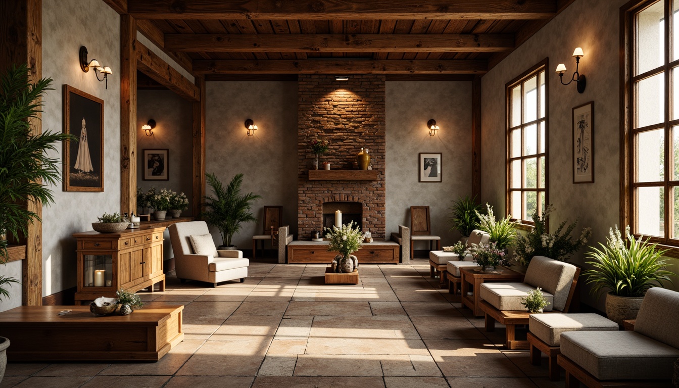 Prompt: Rustic memorial center, wooden accents, distressed finishes, natural stone walls, earthy color palette, vintage metal lanterns, reclaimed wood benches, comfortable plush armchairs, wooden coffins, floral arrangements, warm soft lighting, shallow depth of field, 1/2 composition, realistic textures, ambient occlusion.