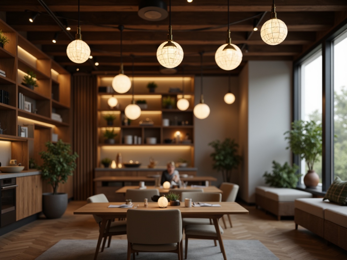 Prompt: Mid-century modern interior, retro-inspired lighting fixtures, sputnik chandeliers, globe pendants, geometric lanterns, wooden accents, brass details, minimalist decor, natural materials, earthy tones, warm ambient glow, soft diffused light, 1/2 composition, shallow depth of field, realistic textures, subtle shading.