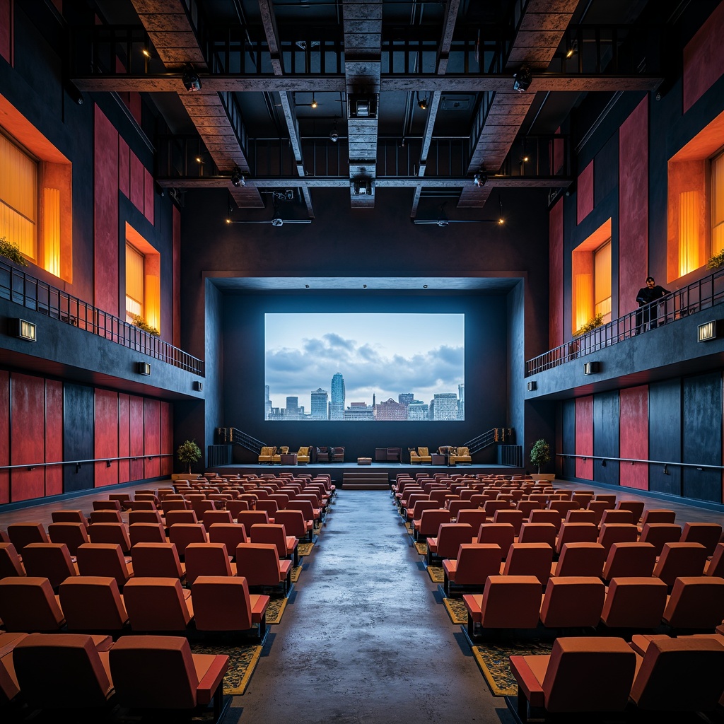 Prompt: Geometric Bauhaus cinema, minimalist design, industrial metal beams, exposed ductwork, concrete floors, modern lighting fixtures, warm ambient glow, cinematic spotlights, color-changing LED strips, dynamic stage lighting, sleek aluminum rails, futuristic auditorium seating, bold typography signage, urban cityscape backdrop, cloudy day, softbox diffused light, high-contrast cinematic ratio, 2.39