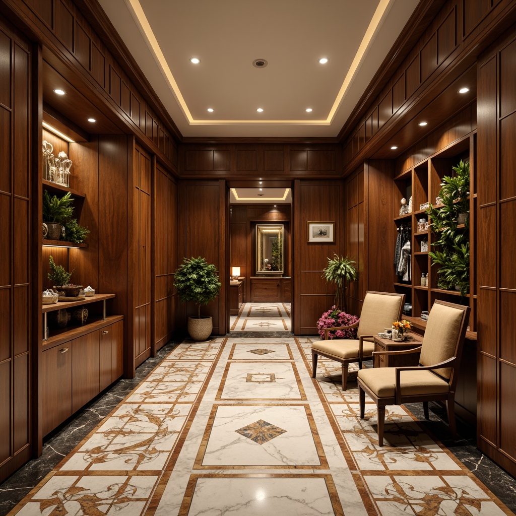 Prompt: Luxurious storage room, Art Deco style, elegant flooring, high-gloss marble, inlaid wood patterns, geometric mosaic tiles, metallic accents, rich walnut panels, ornate metalwork, vintage-inspired fixtures, warm ambient lighting, soft shadows, shallow depth of field, 1/1 composition, detailed textures, realistic reflections.