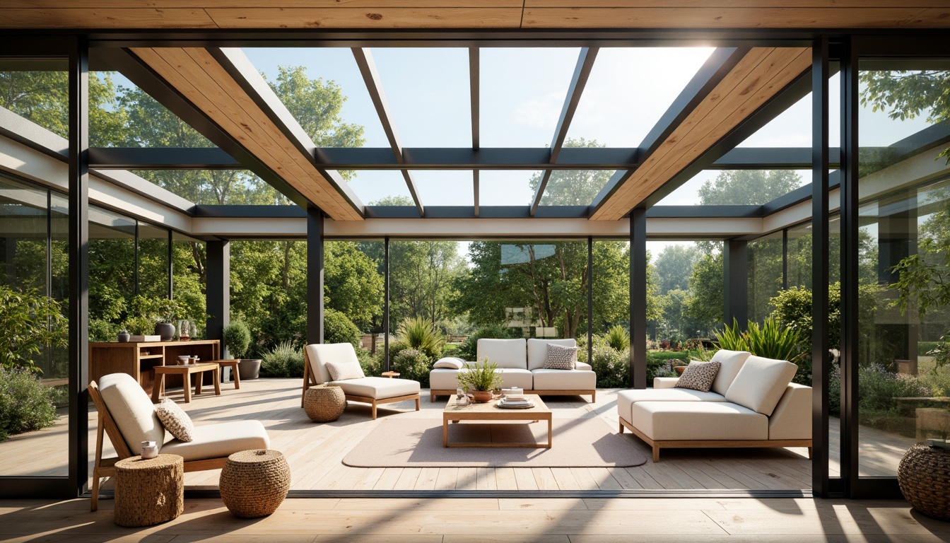 Prompt: Sun-kissed sunroom, floor-to-ceiling windows, sliding glass doors, minimalist metal frames, transparent glass roofs, clerestory windows, skylights, solar tubes, natural light diffusion, warm wood accents, comfortable seating areas, lush greenery views, garden connections, nature-inspired color schemes, bright airy atmosphere, soft warm lighting, shallow depth of field, 1/1 composition, realistic textures, ambient occlusion.