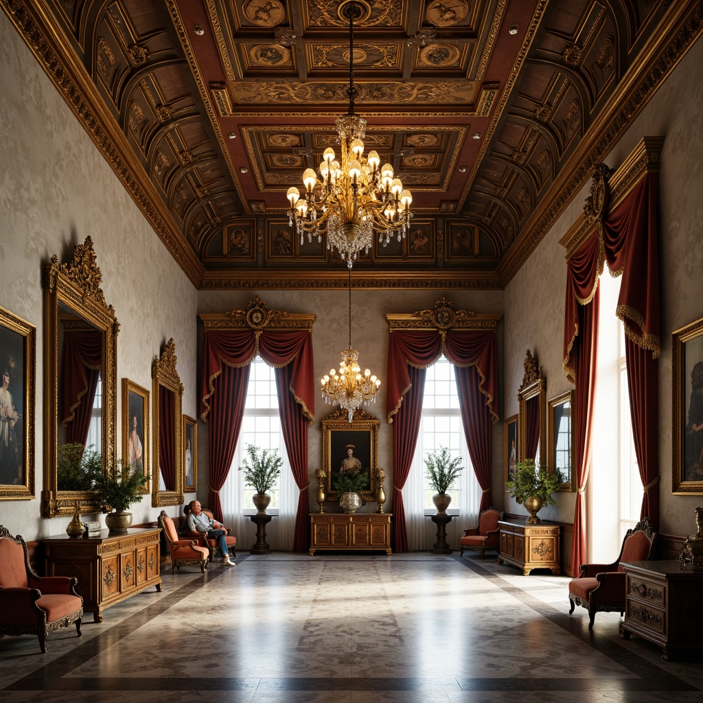 Prompt: Grand museum hall, high ceiling, ornate chandeliers, intricately carved wooden panels, marble floors, frescoed ceilings, velvet drapes, gold leaf accents, Renaissance-inspired furniture, ornamental mirrors, antique artifacts, soft warm lighting, shallow depth of field, 3/4 composition, panoramic view, realistic textures, ambient occlusion.