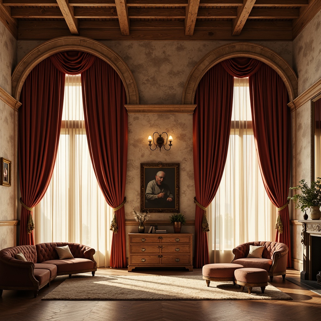 Prompt: Richly textured stone walls, ornate wooden paneling, luxurious velvet drapes, intricately carved wooden furniture, warm golden lighting, soft creamy colors, elegant archways, refined molding details, distressed finishes, rustic exposed beams, vintage decorative accents, earthy terracotta tones, classic traditional architecture, symmetrical composition, central focal point, subtle shadows, realistic material textures.