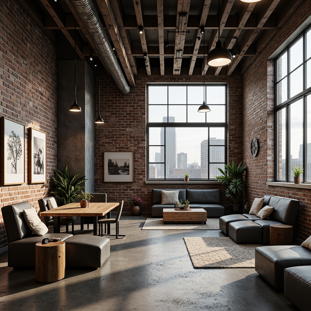 Prompt: Exposed brick walls, metal beams, reclaimed wood accents, industrial-style lighting fixtures, distressed finishes, neutral color tones, weathered steel, urban landscapes, city skylines, concrete floors, functional decor, minimalist aesthetic, monochromatic color scheme, bold typography, raw textures, atmospheric misting, low-key backlighting, cinematic composition.