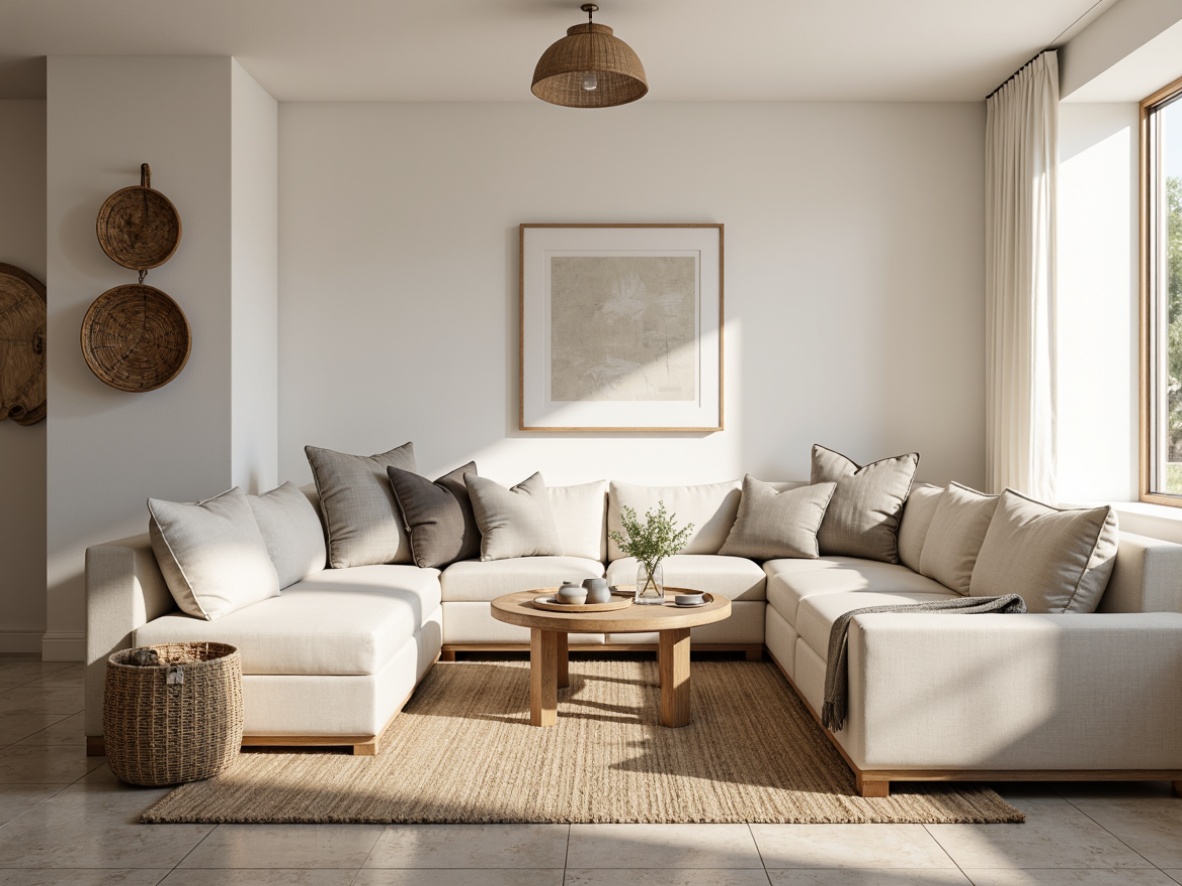 Prompt: Soothing living room, creamy whites, gentle beiges, calming grays, natural textiles, woven baskets, reclaimed wood accents, minimalist decor, subtle patterns, earthy tones, peaceful ambiance, warm soft lighting, shallow depth of field, 2/3 composition, intimate atmosphere, realistic textures, ambient occlusion.