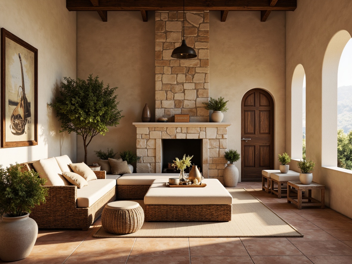 Prompt: Warm beige walls, rustic wooden accents, terracotta floor tiles, distressed finishes, natural stone textures, woven wicker furniture, soft linen upholstery, earthy color palette, vintage ceramic vases, potted olive trees, Mediterranean-inspired patterns, ornate metalwork, subtle golden lighting, shallow depth of field, 1/2 composition, realistic renderings, ambient occlusion.