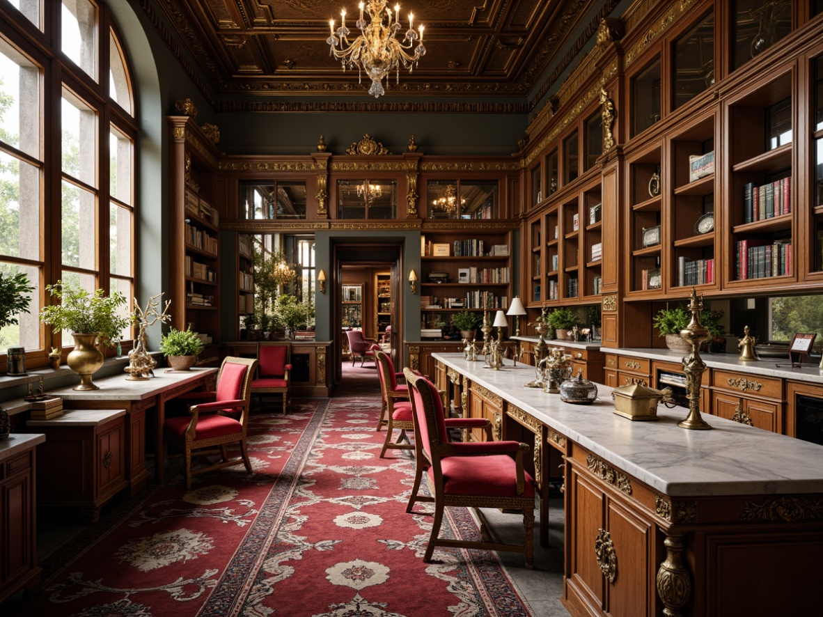 Prompt: Luxurious laboratory, ornate Rococo furniture, intricately carved wooden cabinets, gilded metal fixtures, velvet upholstery, rich jewel-toned colors, ornamental mirrors, crystal chandeliers, Baroque-inspired accents, antique scientific instruments, polished marble countertops, leather-bound books, soft golden lighting, warm atmosphere, shallow depth of field, 1/1 composition, realistic textures, ambient occlusion.