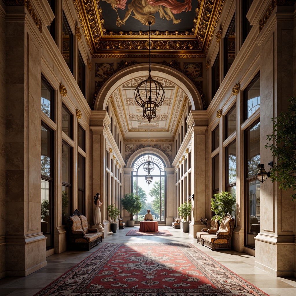 Prompt: Grand museum entrance, ornate stone carvings, richly patterned rugs, golden accents, intricate frescoes, high ceilings, marble floors, Renaissance-inspired architectural details, lavish chandeliers, soft warm lighting, dramatic shadows, 1/1 composition, shallow depth of field, realistic textures, ambient occlusion.