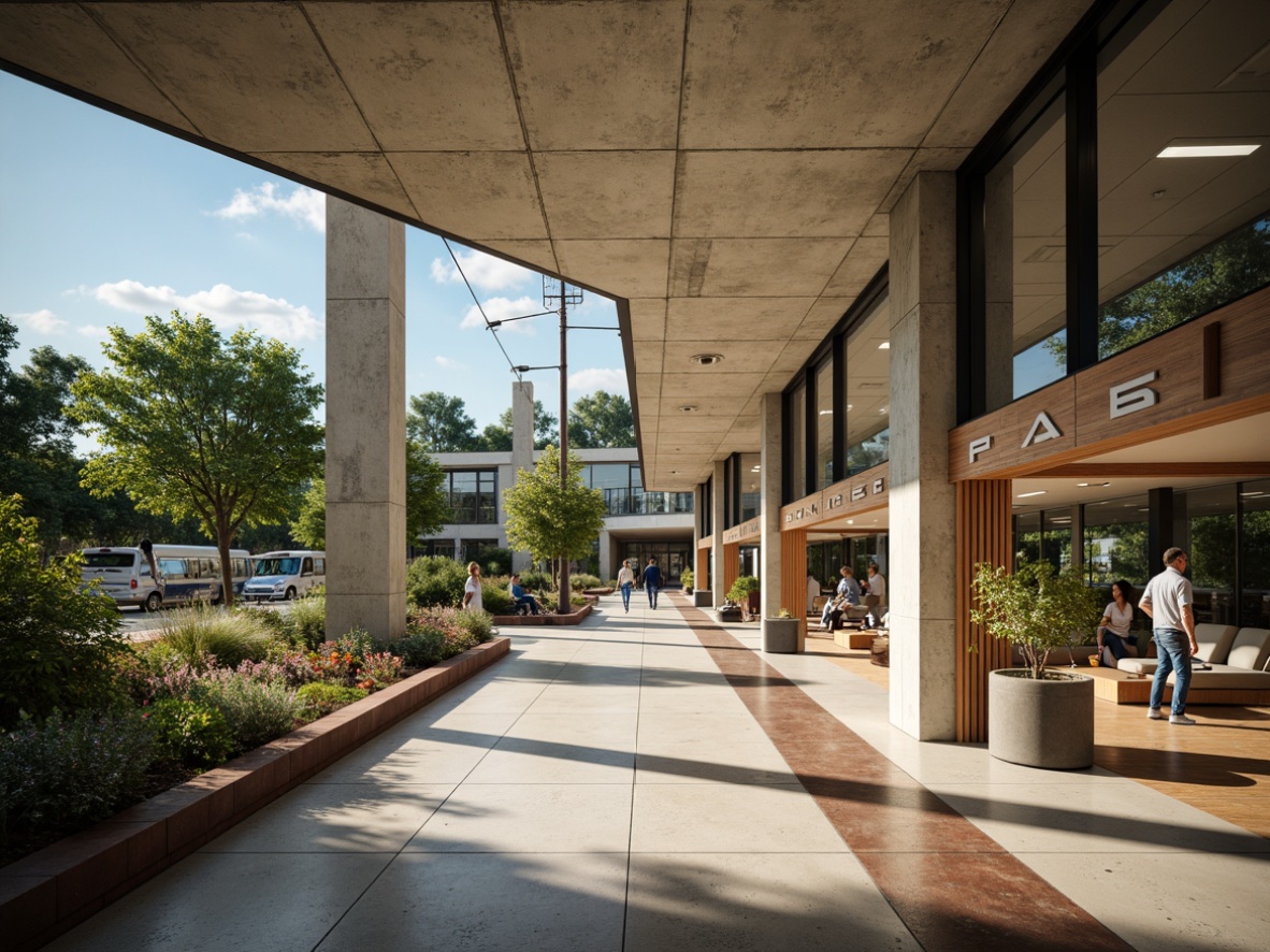 Prompt: Mid-century modern bus station, angular concrete structures, cantilevered roofs, large glass windows, sliding doors, textured surfaces, terrazzo floors, wooden accents, retro-style signage, vintage-inspired lighting fixtures, minimalist decor, open-plan waiting areas, comfortable seating, lush greenery, natural ventilation systems, warm ambient lighting, shallow depth of field, 2/3 composition, realistic materials, soft focus effects.