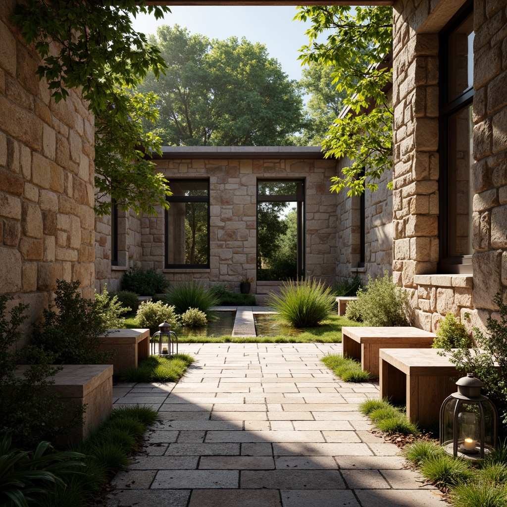 Prompt: Weathered stone walls, rustic wooden accents, earthy brown tones, natural textures, reclaimed wood benches, vintage metal lanterns, moss-covered grounds, serene memorial gardens, gentle water features, soft warm lighting, shallow depth of field, 3/4 composition, panoramic view, realistic textures, ambient occlusion.