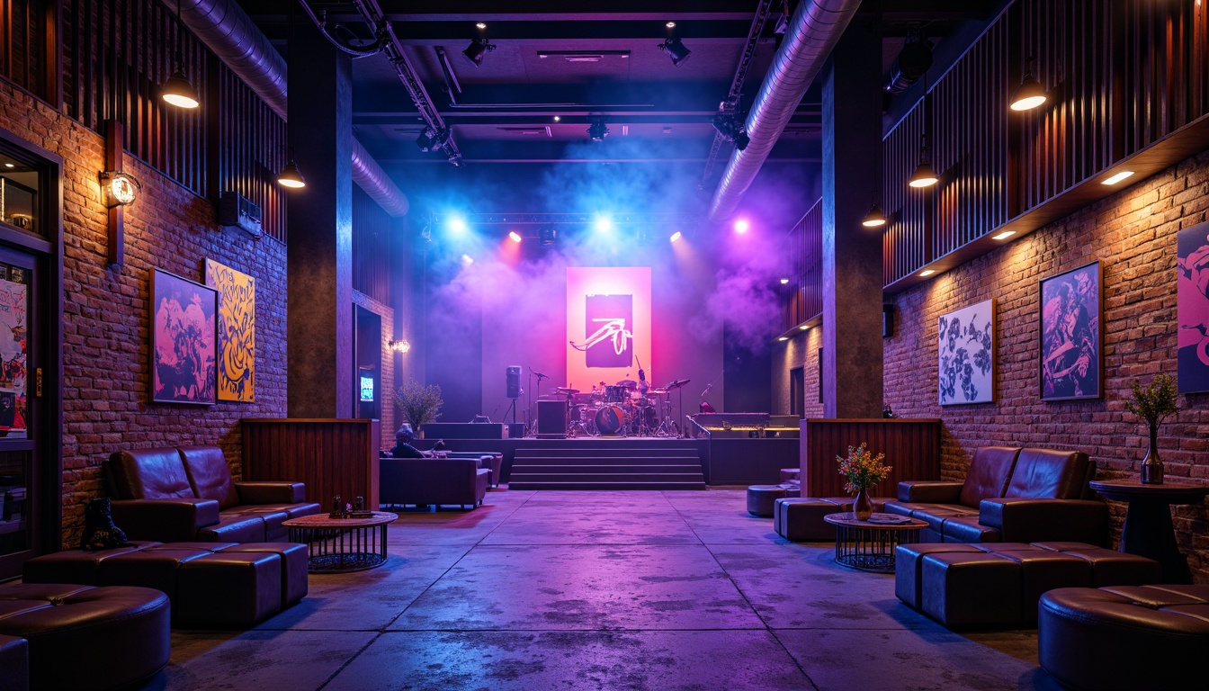 Prompt: Vibrant music venue interior, deep blues and purples, neon accents, dynamic stage lighting, rich wood tones, luxurious velvet fabrics, metallic sheen, urban industrial chic, exposed brick walls, distressed concrete floors, eclectic artwork, bold graffiti murals, edgy modern furniture, intimate seating areas, dramatic ceiling heights, atmospheric smoke effects, warm golden spotlights, 1/1 composition, cinematic color grading.